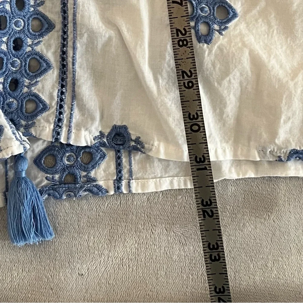 Womens cover up‎ wrap open embroidered eyelet tunic white blue XXL tassel beach
